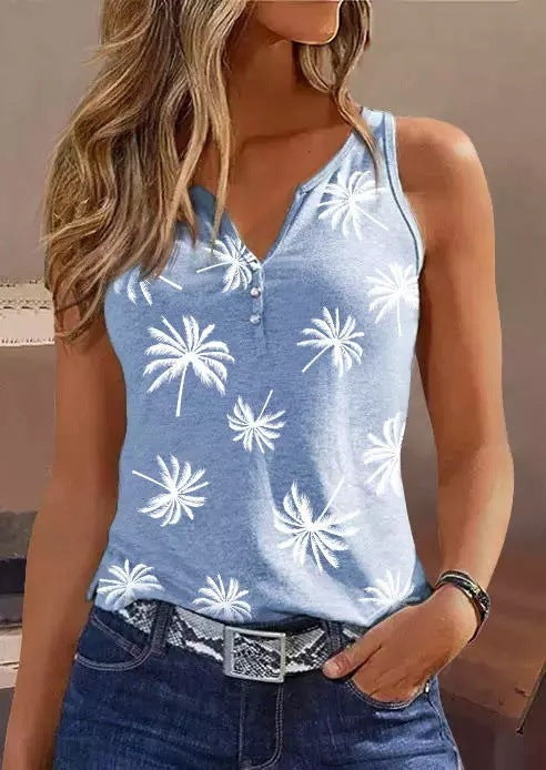 V-neck Buttons Sleeveless 3D Digital Casual Loose Vest