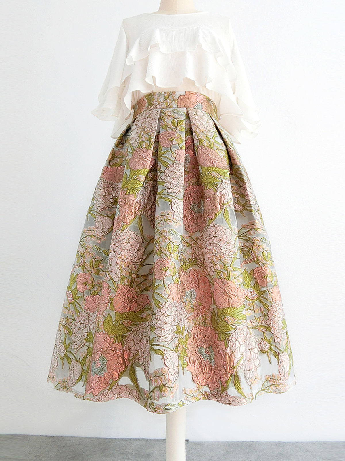 Organza Pettiskirt Embroidered High Waist Midi Skirt