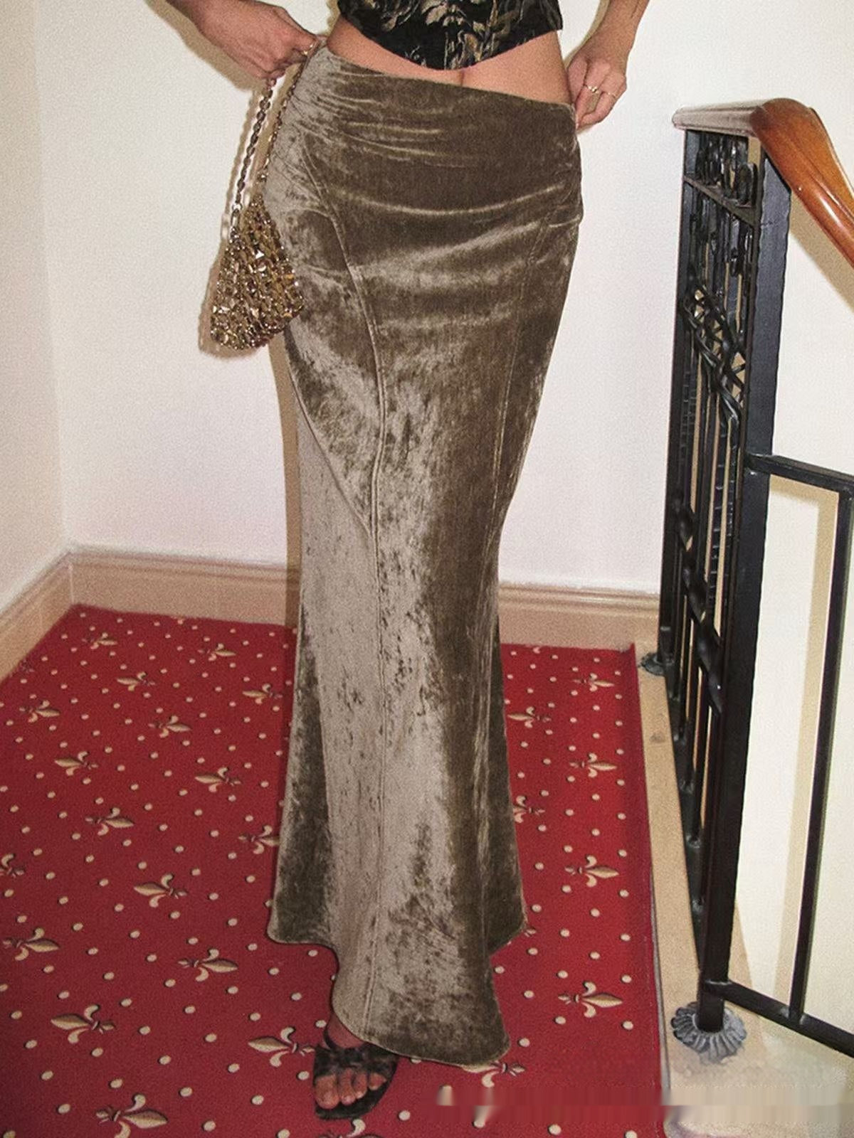 Long European And American Velvet Gloss Diamond Velvet Oblique Cut High Waist Drooping A- Line Temperament Sexy Skirt