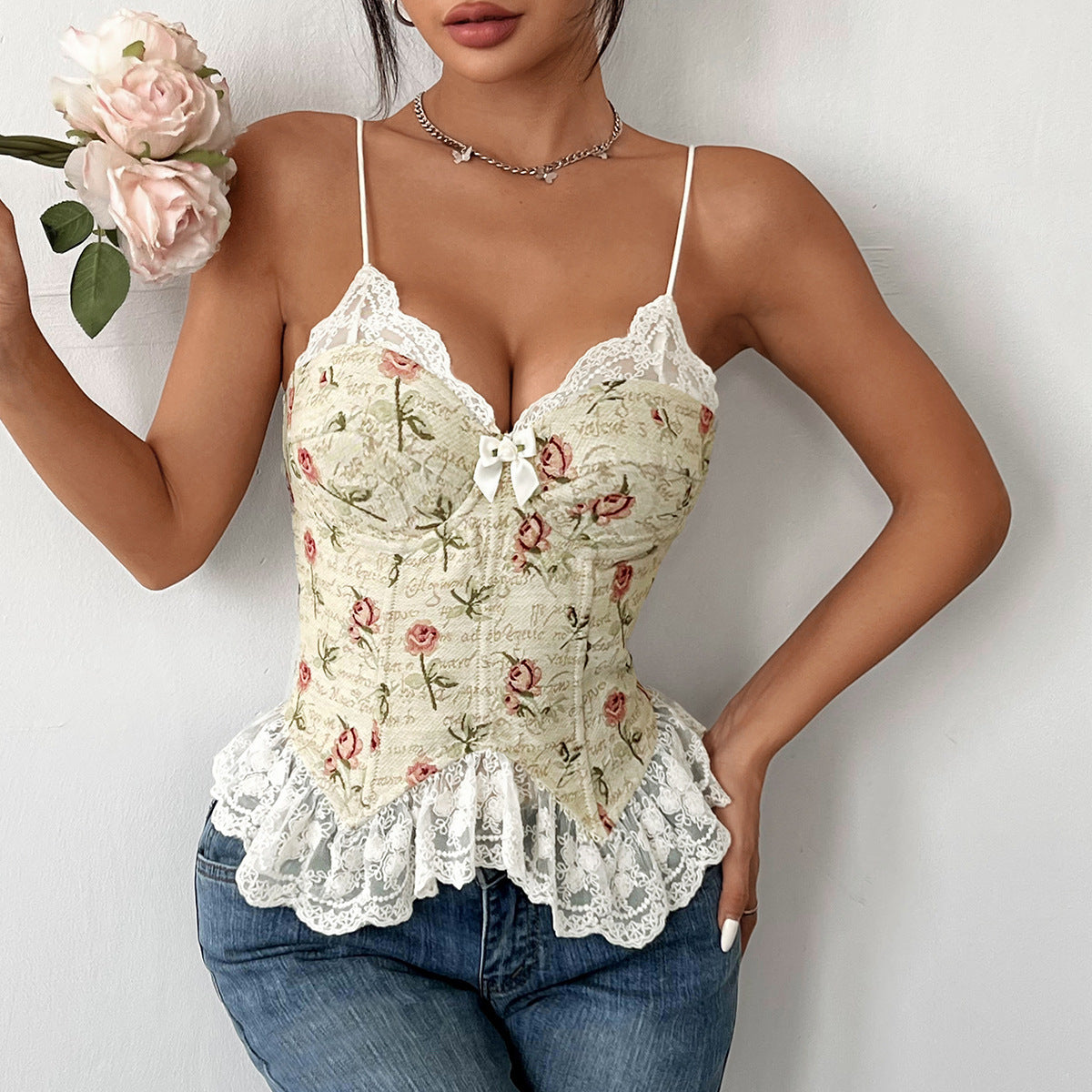 Retro Jacquard Stitching Sexy Lace Lace Spaghetti-strap Vest