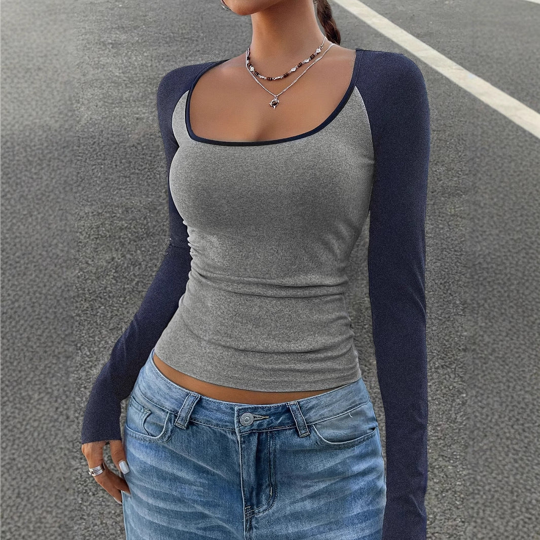 Women's Casual Color Matching Square Collar Long Sleeve T-shirt Spring And Autumn Women's Top