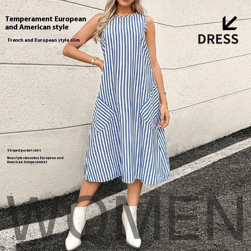 Round Neck Pocket Striped Dress Women