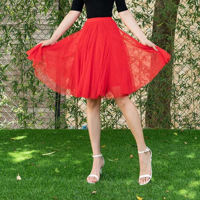 Mesh Half-length Long Skirt Swing Slimming A- Line Short Gauze Skirt