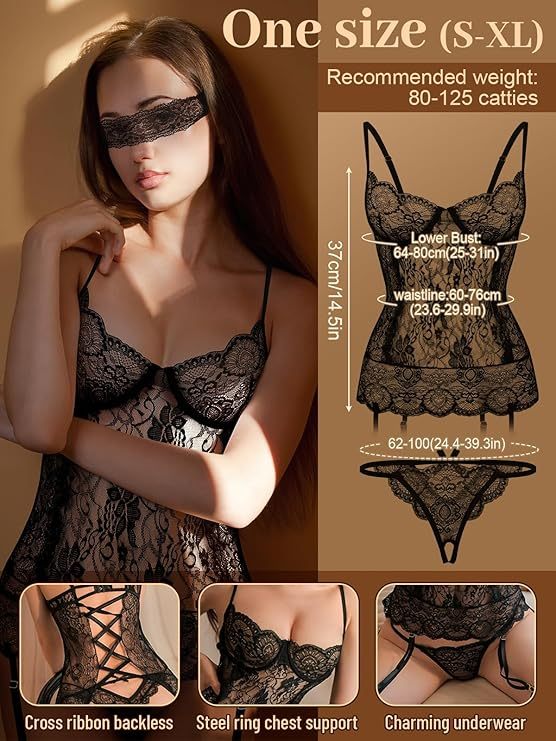 Sexy Lingerie Extreme Cosplay 4 Piece Lace Babydoll Sheer Lingerie Cosplay Etching Erotic Lingerie Fancy Dress Costume Thong Thong Stockings Black Lace Eye Mask Etching