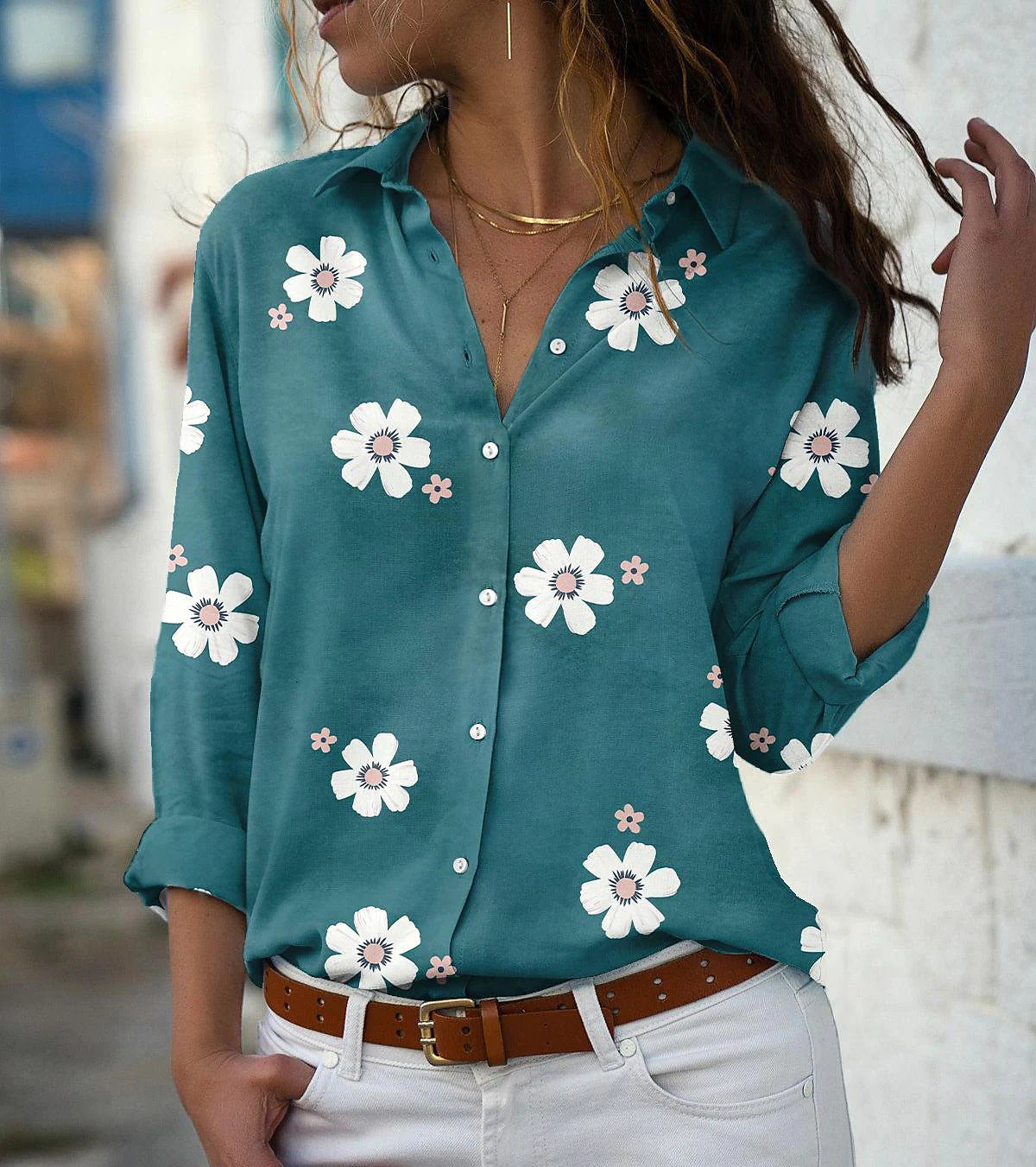 Women's Solid Color Floral Print Long-sleeved Shirt