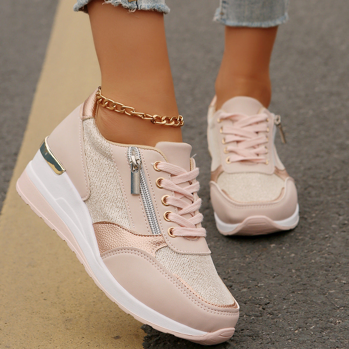 Women's Lace-up Casual Shoes FFashion Side Zipper Design Thick-soled Shoes Walking Running Sports Sneakers