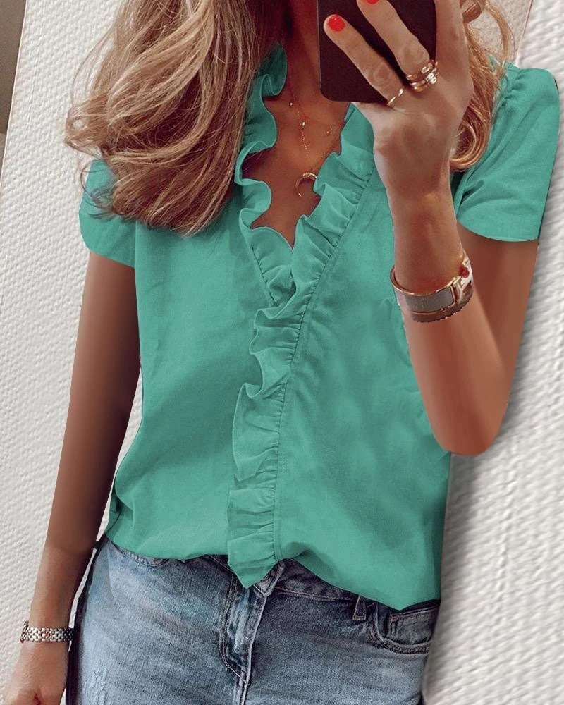 Spring And Summer New Short Sleeved Ruffle Collar Women's Shirt For Business And Leisure Blouse