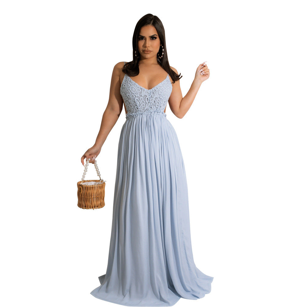 Solid Color Lace Strap Backless Chiffon Women