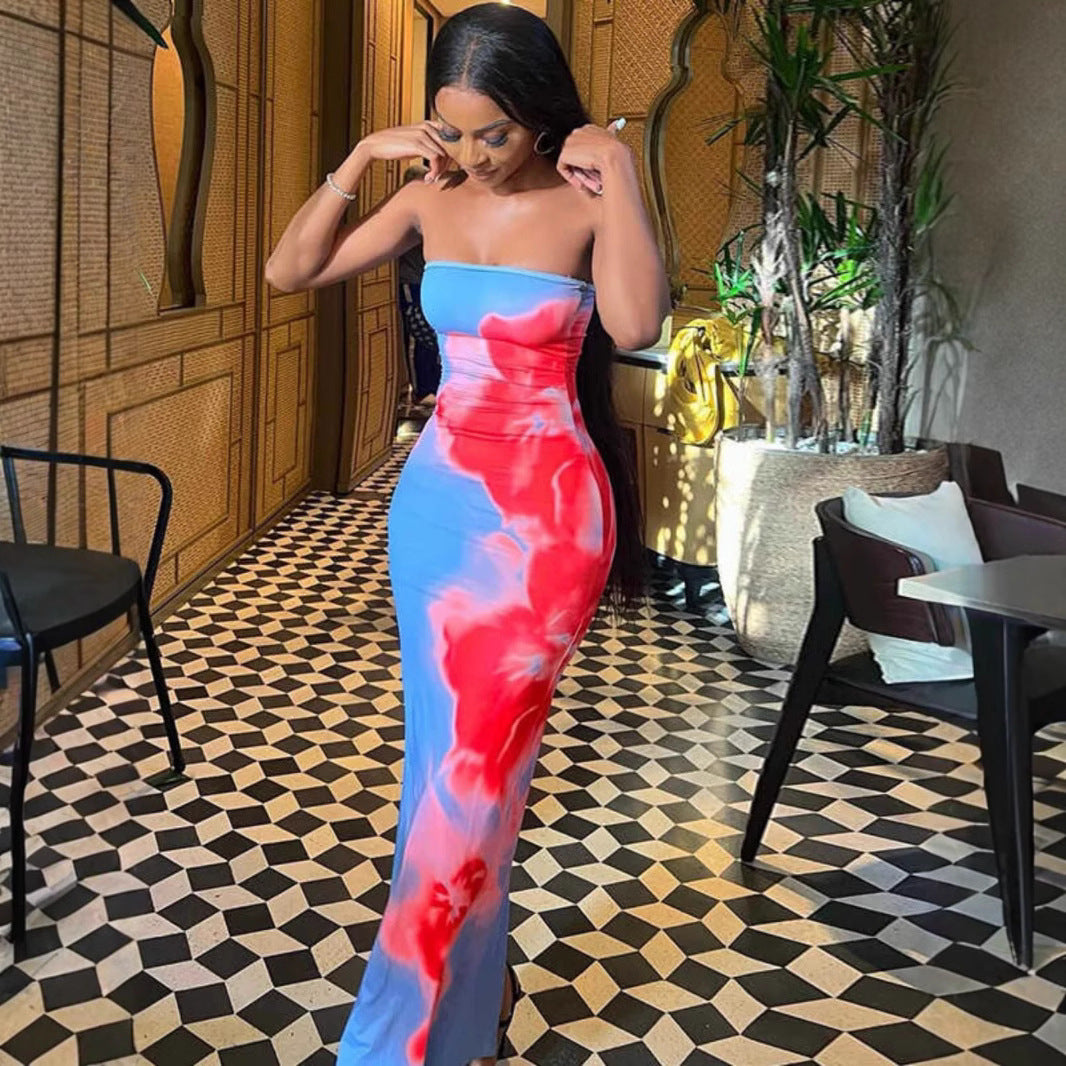 Contrast Color Floral Sexy Tube Top Dress