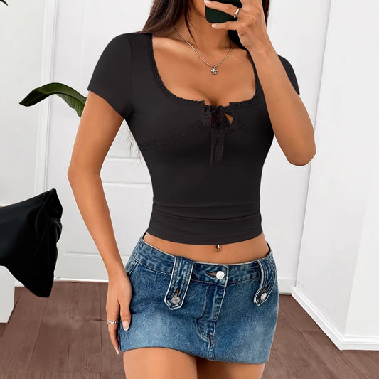 Solid Color Women's Slim Fit Lace Patchwork Tie Short Sleeved Shirt