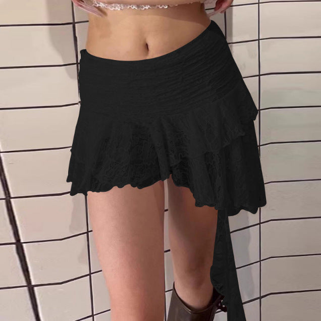 Retro Style Lace Edge Irregular Hem Short Skirt For Women