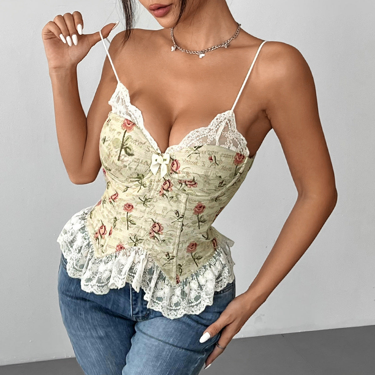 Retro Jacquard Stitching Sexy Lace Lace Spaghetti-strap Vest