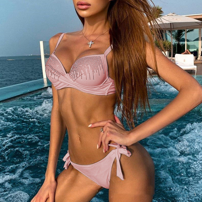 Spot Amazon Pure Color Hot Rhinestone Triangle Bag Swimming Tide Swimsuit New Split Bikini Sexy