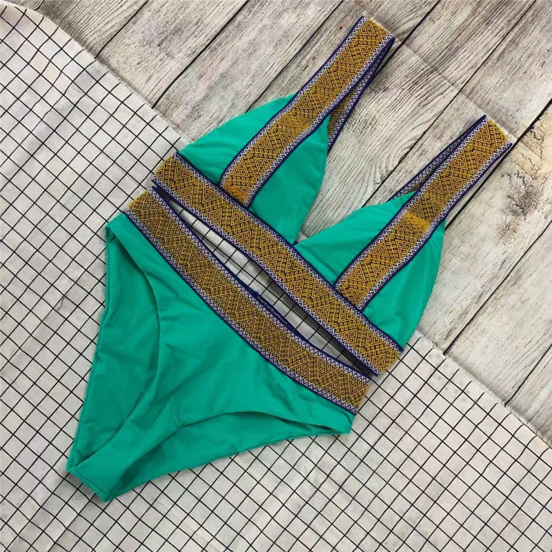 Fast Selling Sexy Triangle Color Matching High Waisted Sports Swimsuit European And American New Holiday Backless Bikini