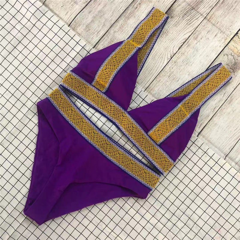 Fast Selling Sexy Triangle Color Matching High Waisted Sports Swimsuit European And American New Holiday Backless Bikini