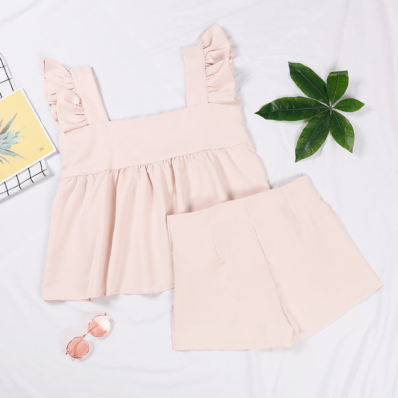 Butterfly Sleeve Square Neck Women's Suit Pink Solid Color Ruffle