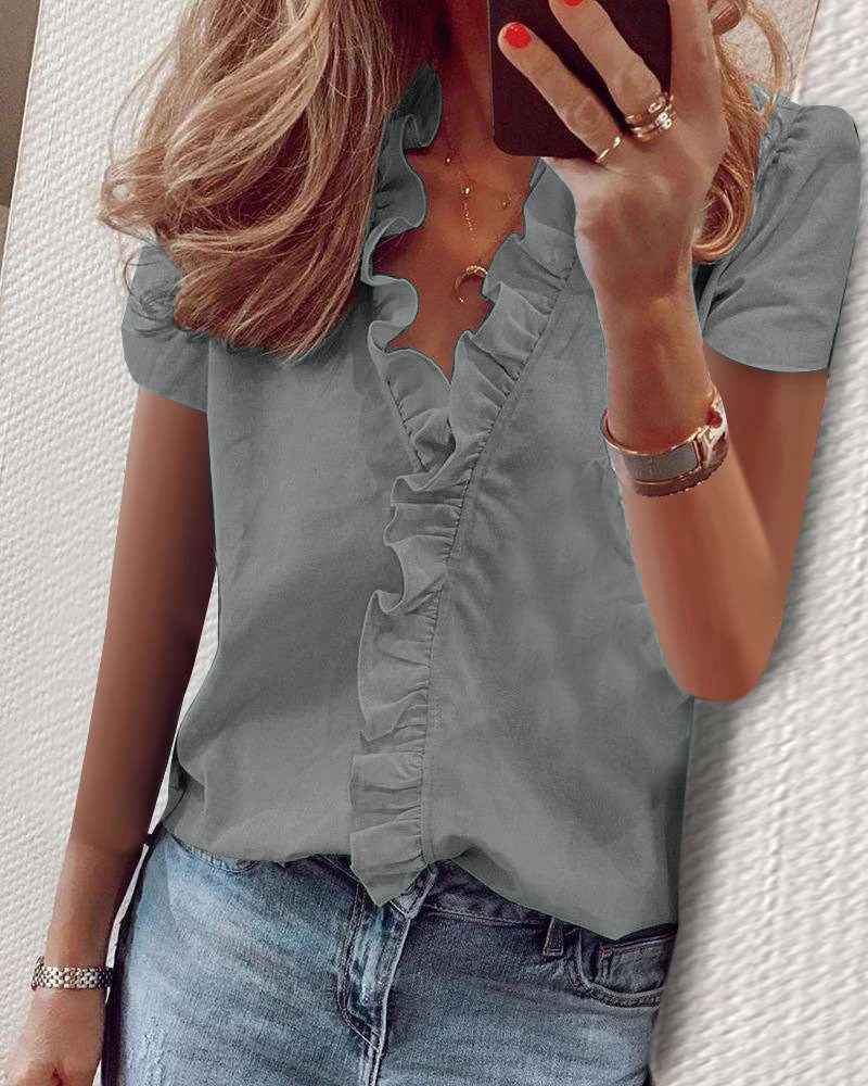 Spring And Summer New Short Sleeved Ruffle Collar Women's Shirt For Business And Leisure Blouse
