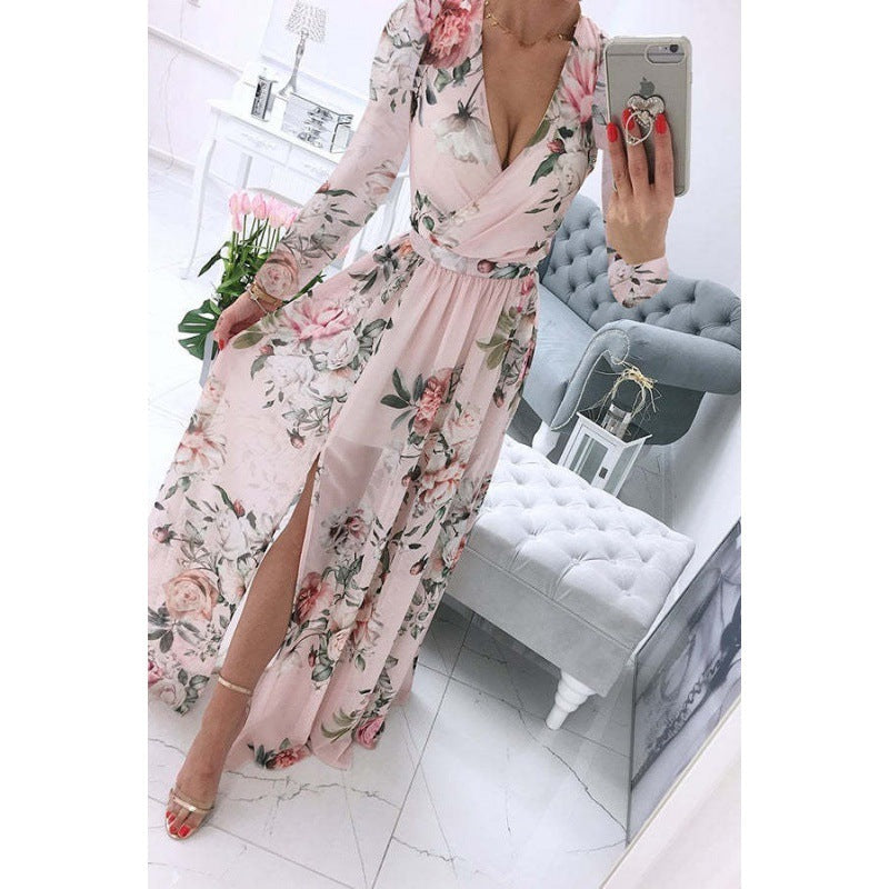 Long Sleeve Chiffon Printed Bohemian Dress Women