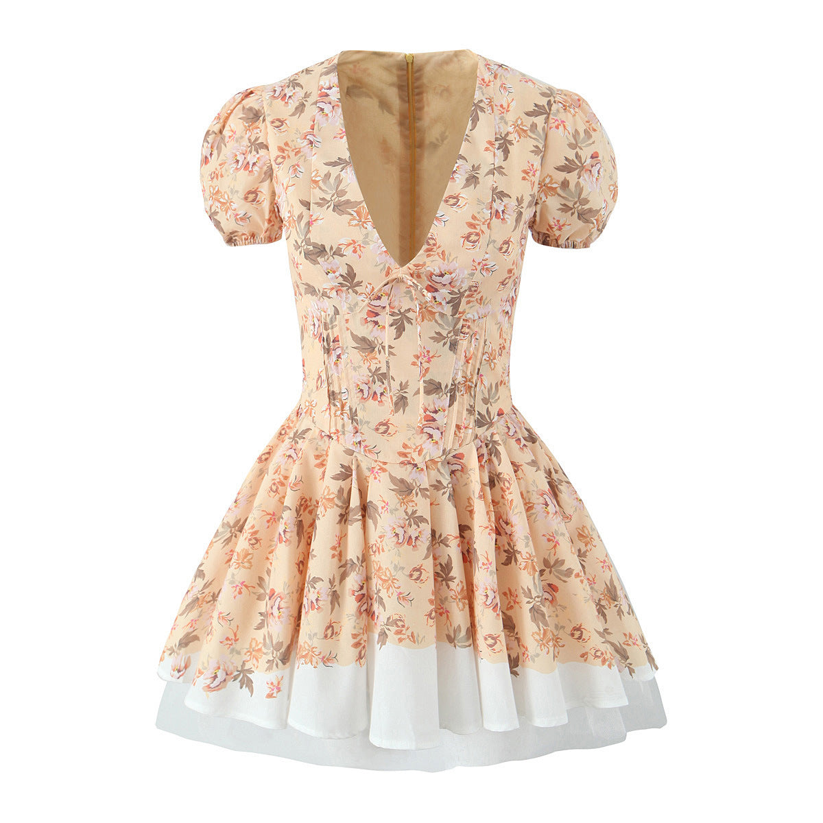 Sweet Slim Fit Pastoral Style Printed Mini Skirt French Deep V Cute Puff Sleeve