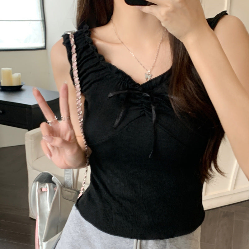 Camisole Wooden Ear Bow Flounce Trim Lace Up Vest For Women