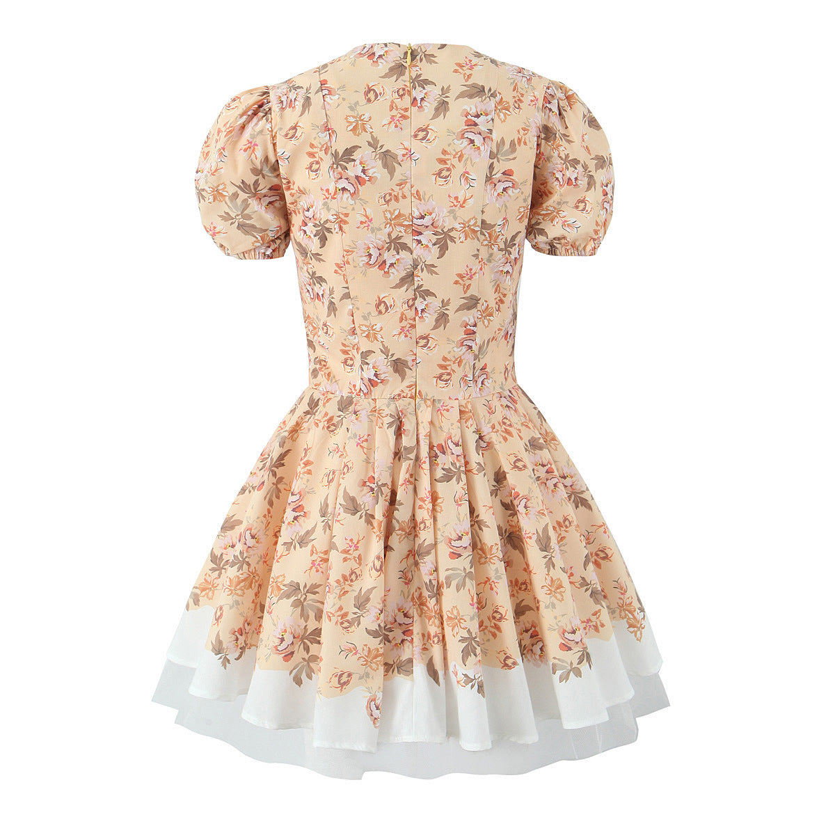 Sweet Slim Fit Pastoral Style Printed Mini Skirt French Deep V Cute Puff Sleeve