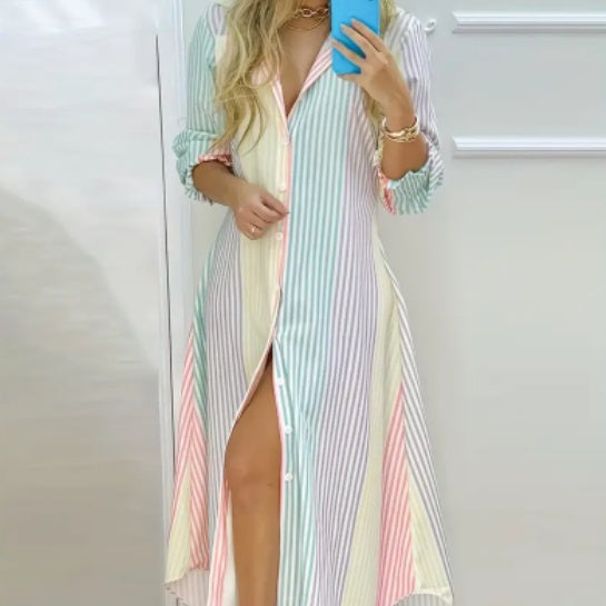 Color Block Striped Shirt Dress
