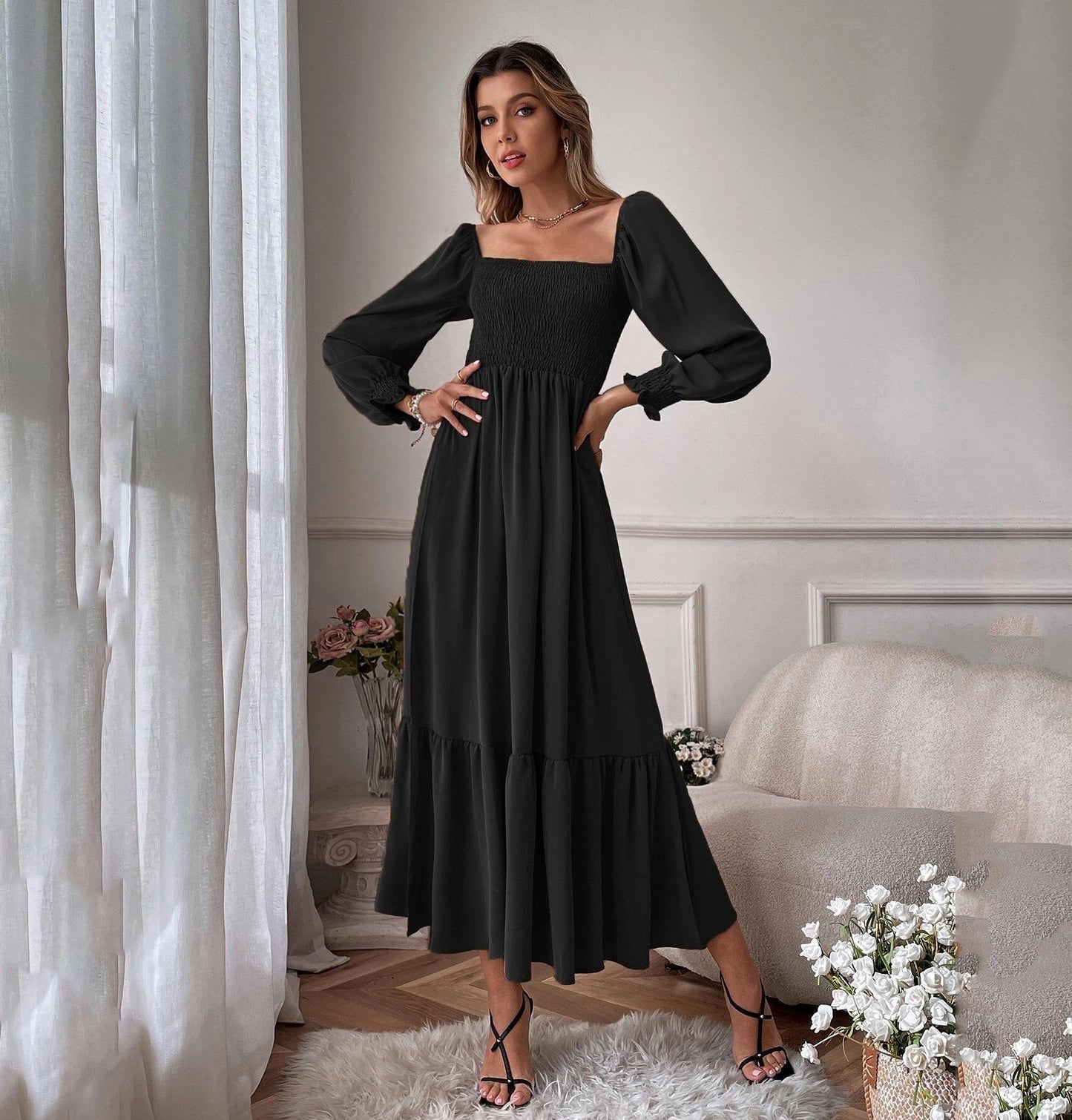 Pullover Square Collar Long Sleeve Ruffled High Waist Tight Temperament Dress