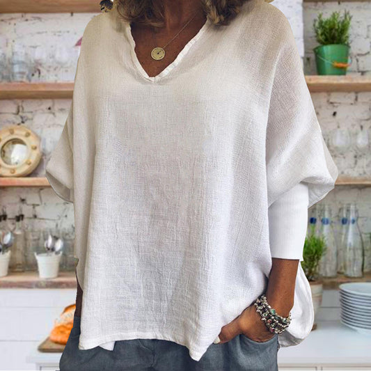 V-neck Solid Color Cotton And Linen Threaded Long Sleeve T-shirt