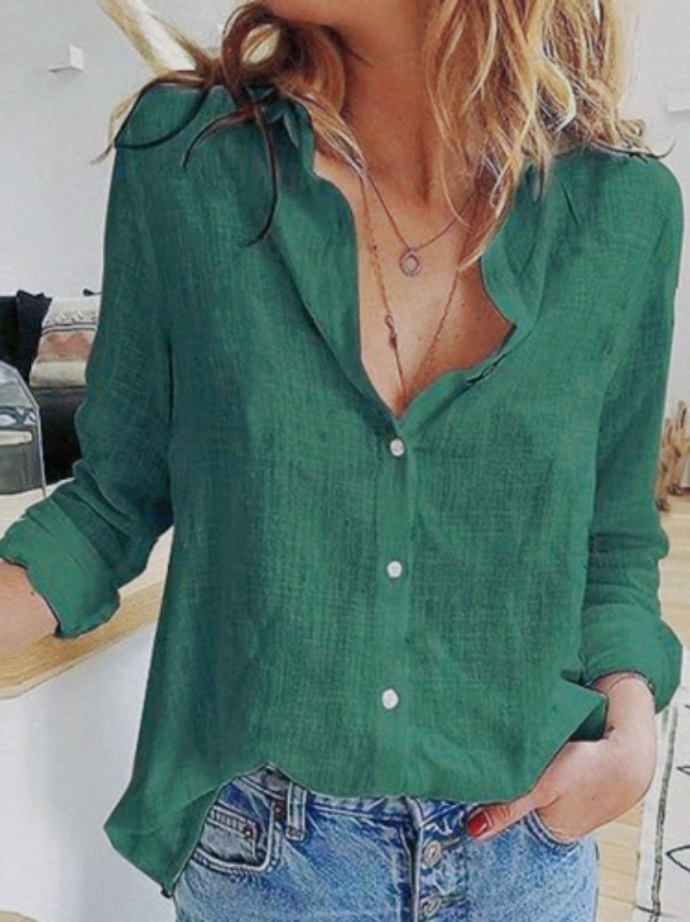 Spring And Autumn Solid Color Casual Loose Long Sleeve Linen Shirt For Women