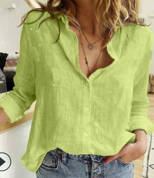 Spring And Autumn Solid Color Casual Loose Long Sleeve Linen Shirt For Women