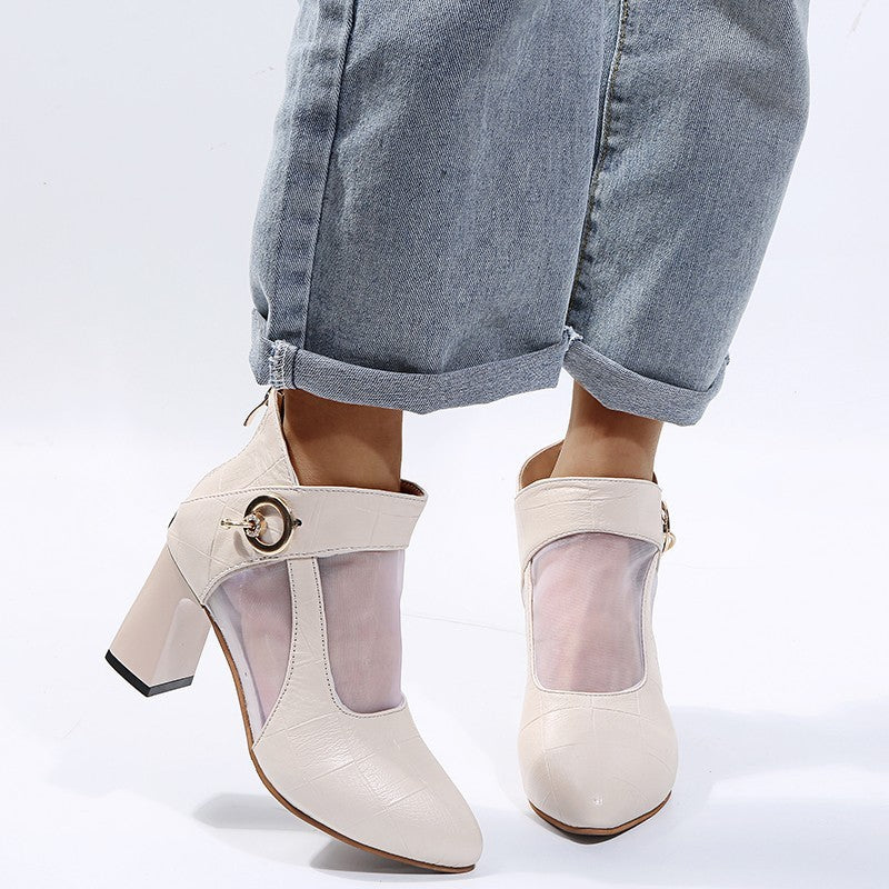 Large Size Boots Mesh Transparent Metal Buckle Thick Heel Short Boots