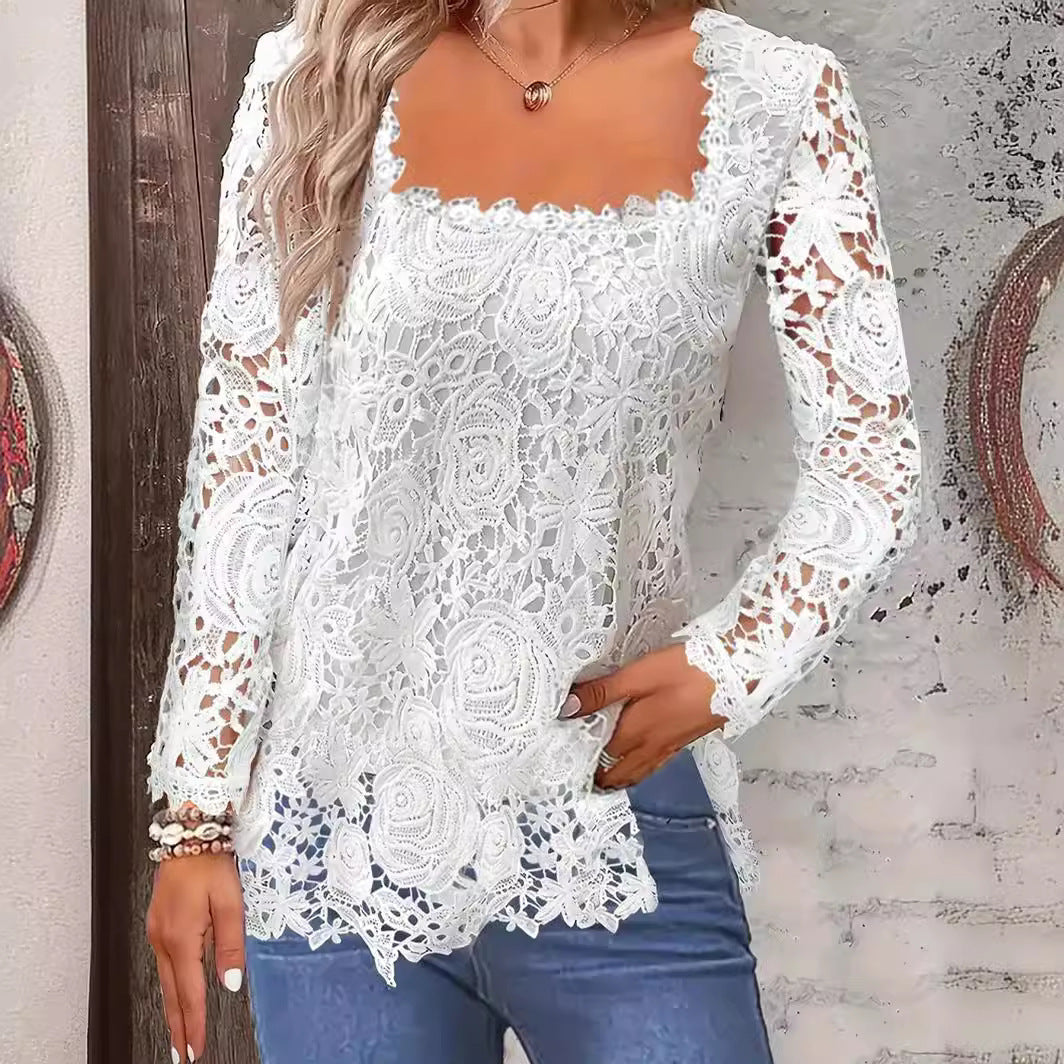 European And American Fashion Women's Wear Short-sleeved Lace Top Solid Color T-shirt