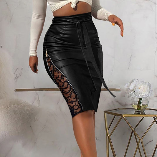 New Sexy Split Lace Stitching Slim-fit Lace Up Leather Skirt