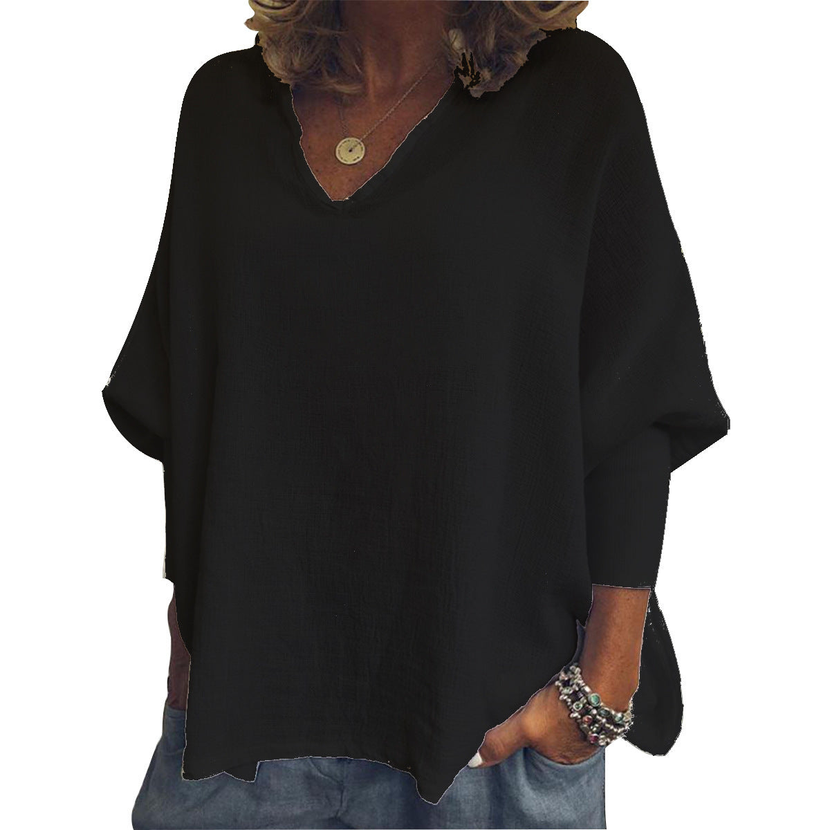 V-neck Solid Color Cotton And Linen Threaded Long Sleeve T-shirt