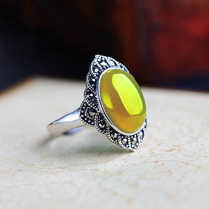 925 Silver Ring Red Jade Retro