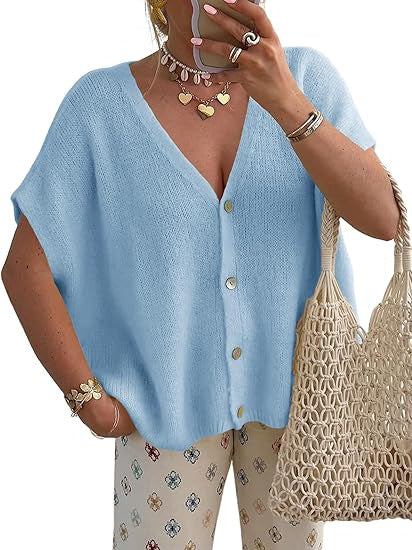 Short Sleeved V-neck Single Breasted Cardigan Sweater