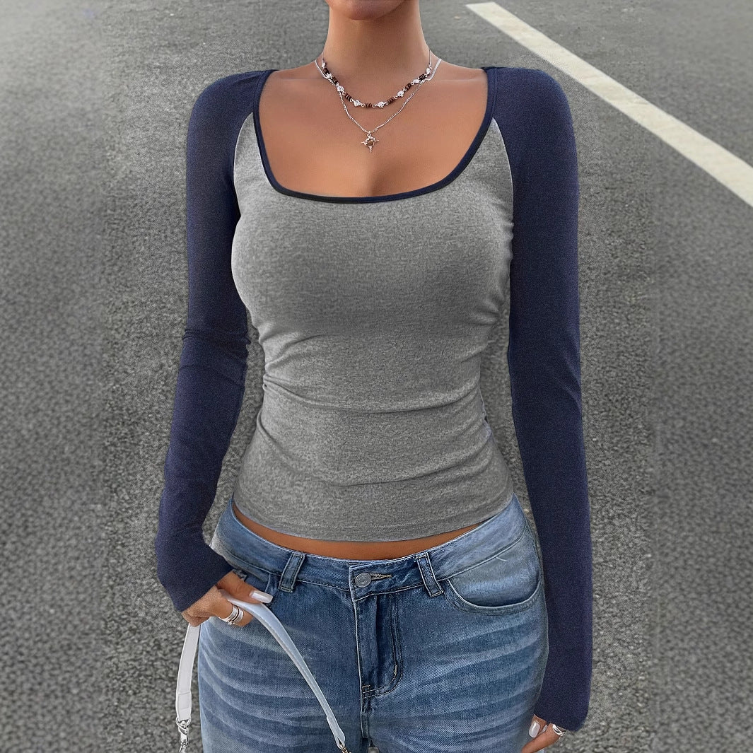 Women's Casual Color Matching Square Collar Long Sleeve T-shirt Spring And Autumn Women's Top