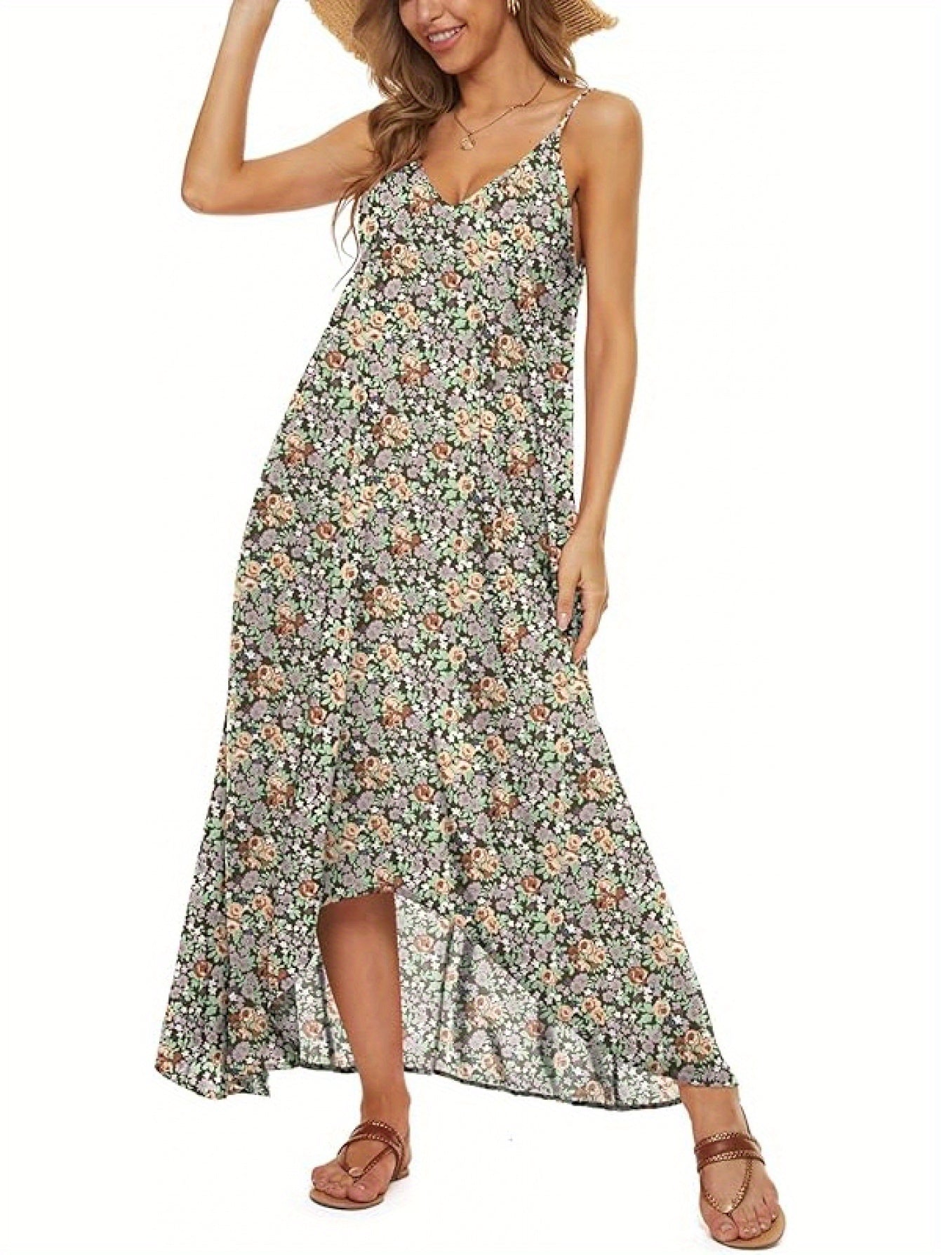 Dot Print Thin Shoulder Strap Bohemian Long Skirt