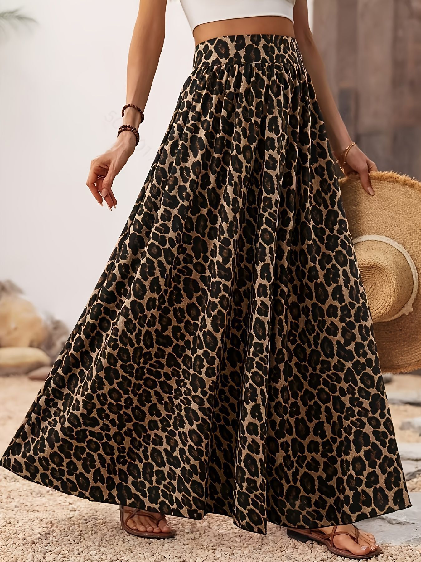 High Waist Midi Skirt Fabric Leopard Print