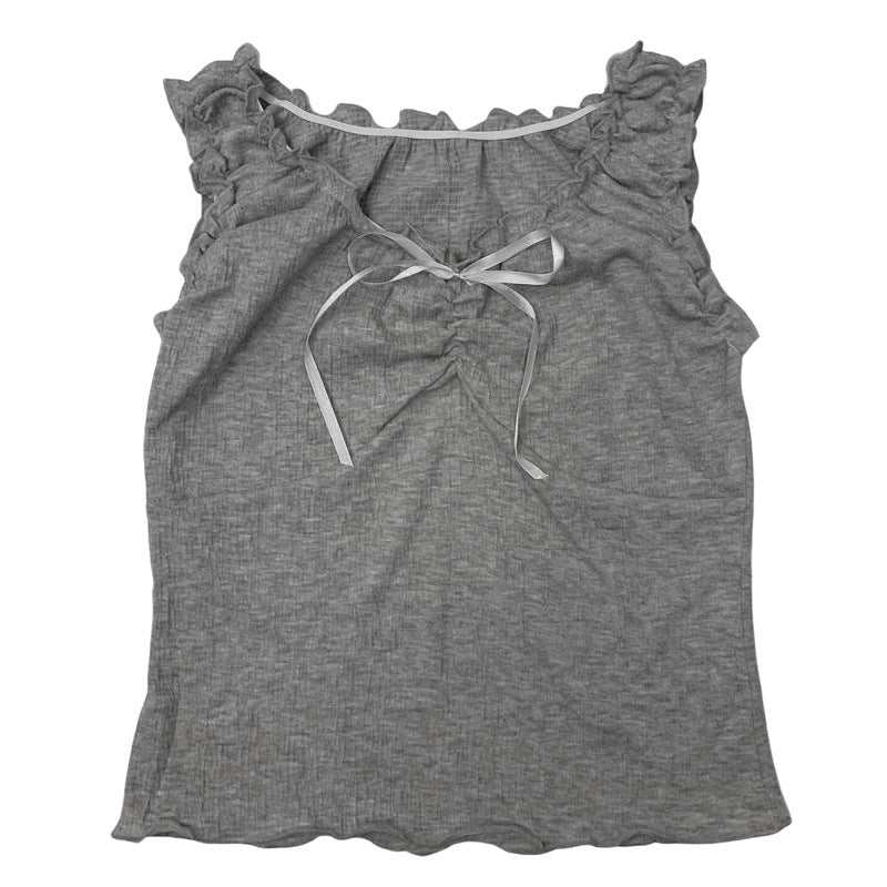 Camisole Wooden Ear Bow Flounce Trim Lace Up Vest For Women