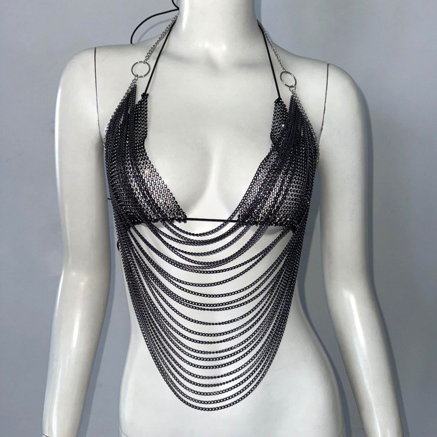 Sling Fishnet Rhinestone Halter Top Metal Decoration Two-piece Set
