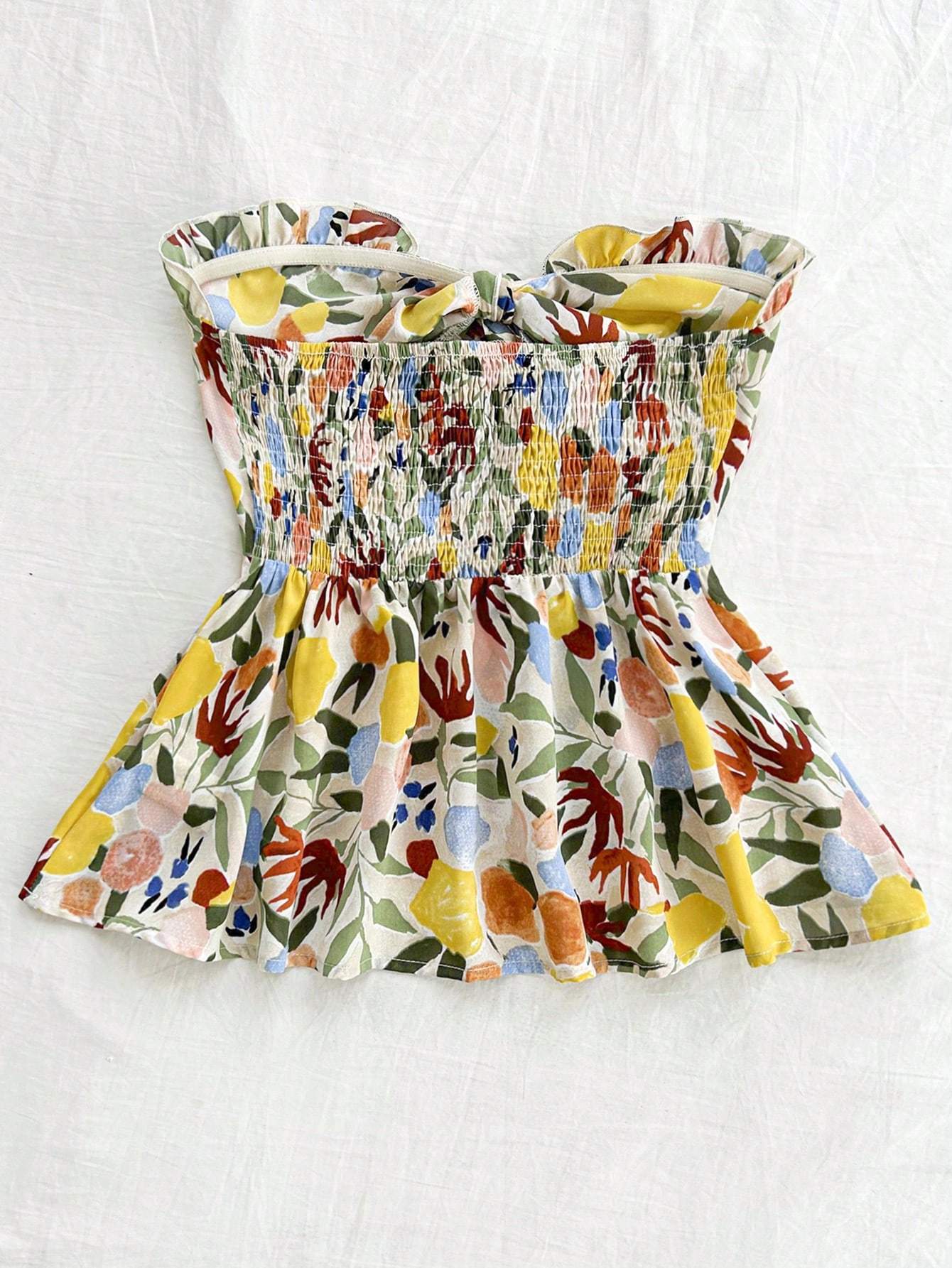 Strapless Cinched Waist Ruffle Hem Floral Printed Vacation Top