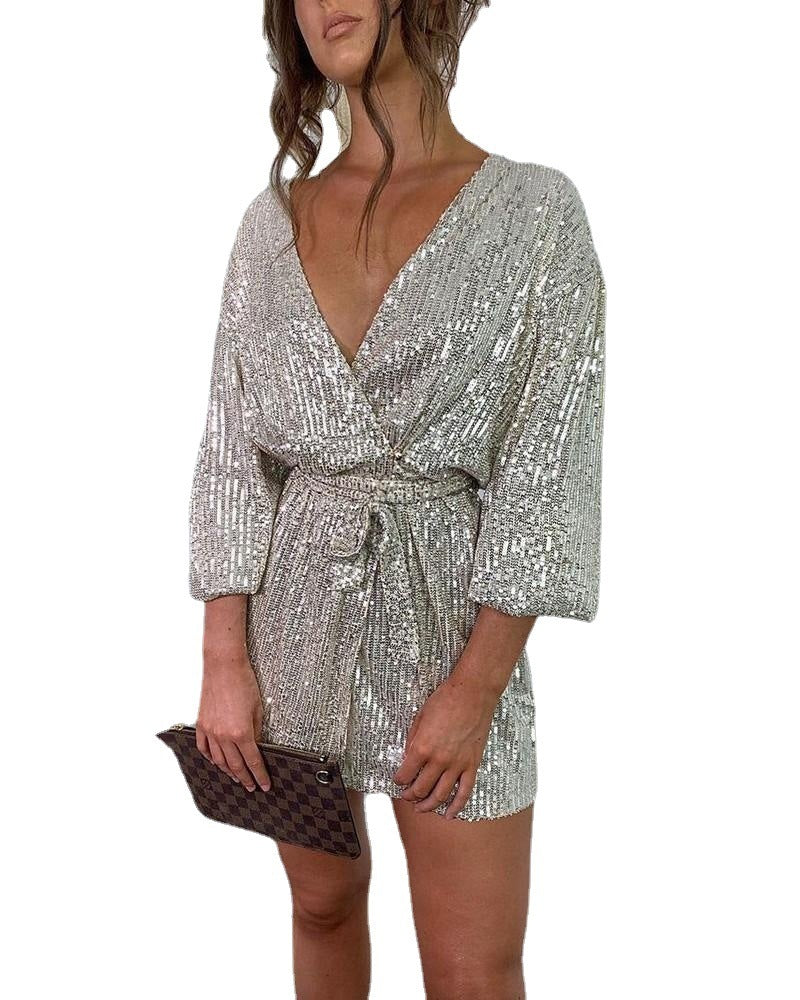 Sequin Belt Open Access Control Deep V-neck Dress