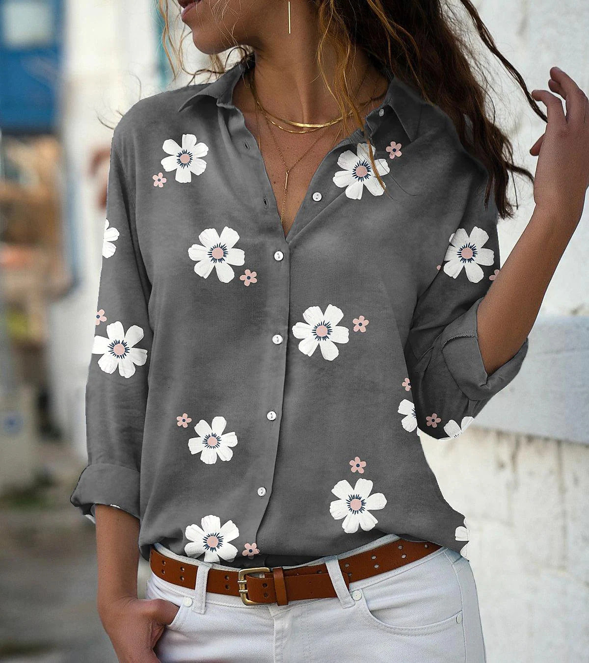 Women's Solid Color Floral Print Long-sleeved Shirt