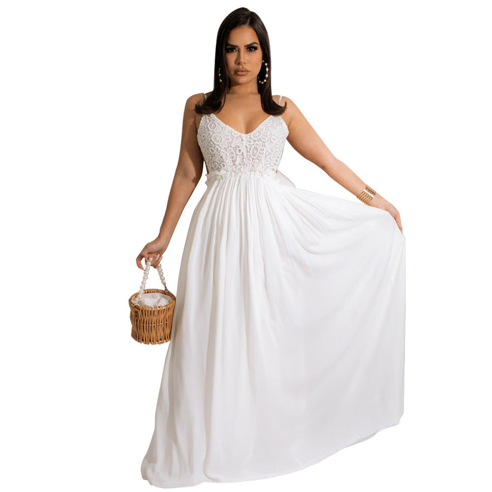 Solid Color Lace Strap Backless Chiffon Women