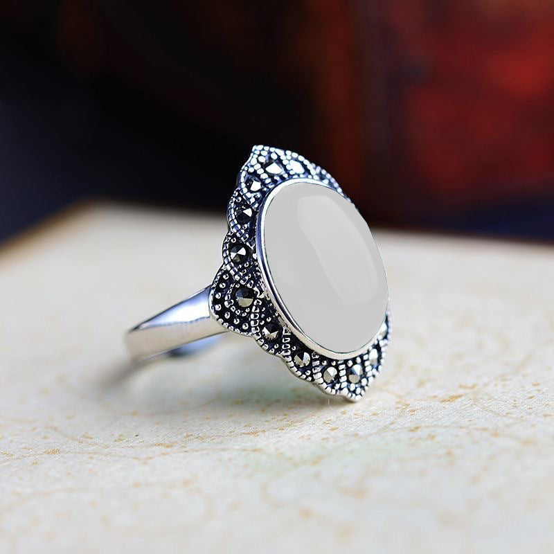 925 Silver Ring Red Jade Retro