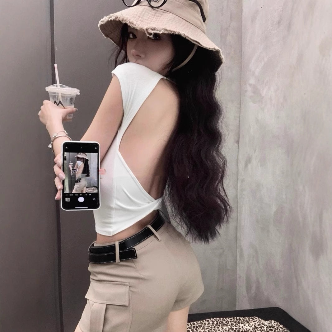 Cross Hollow Back Short-sleeved T-shirt For Women