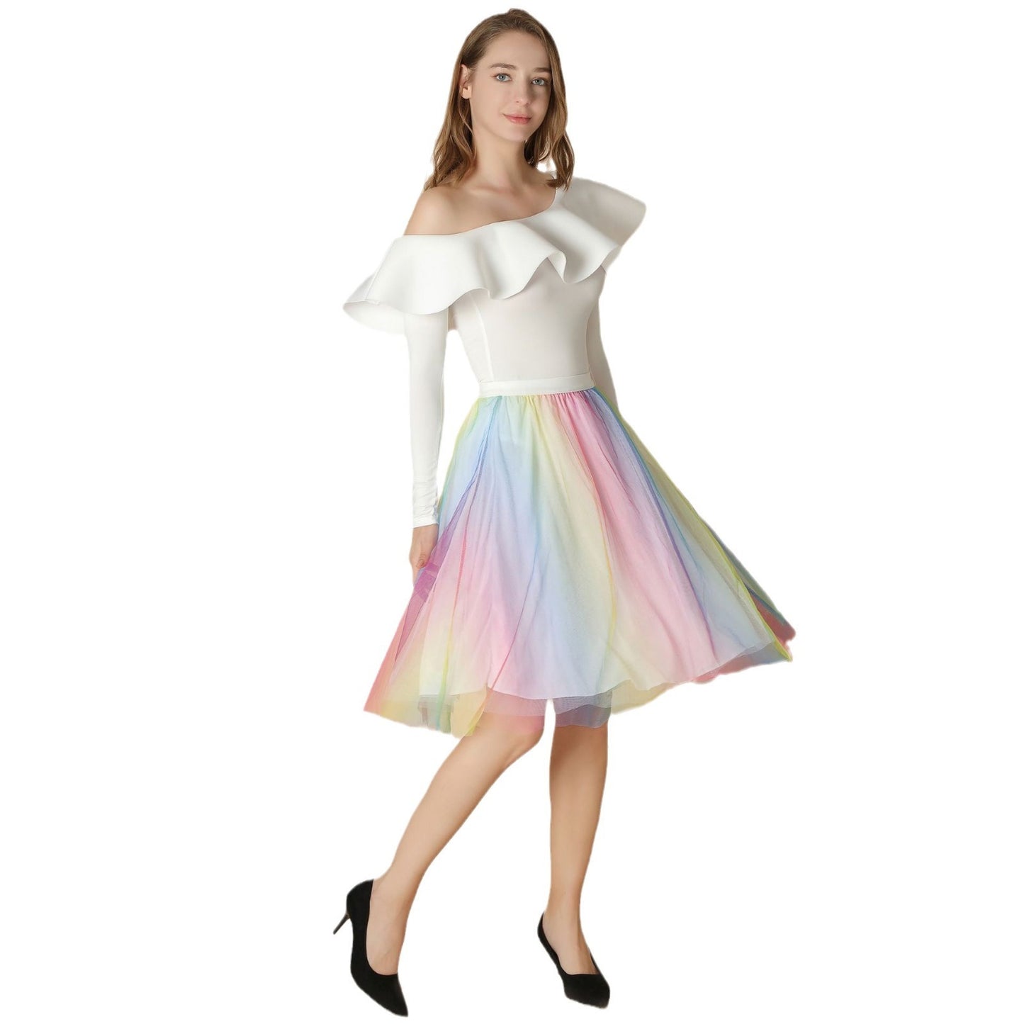 Half-length A- Line Gauze Skirt Pleated Mid-length