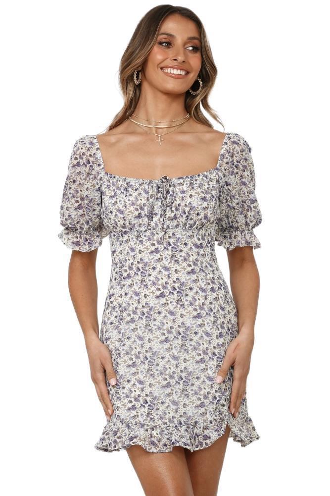 Summer New Sexy Square Collar Printed Frill A-Line Skirt Dress Women