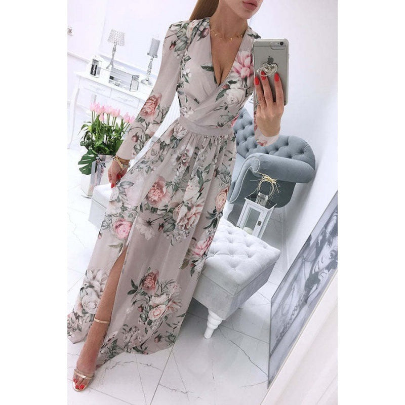 Long Sleeve Chiffon Printed Bohemian Dress Women